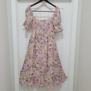 Smocked Spring Floral Lightweight Midi Dress L with Ruffles